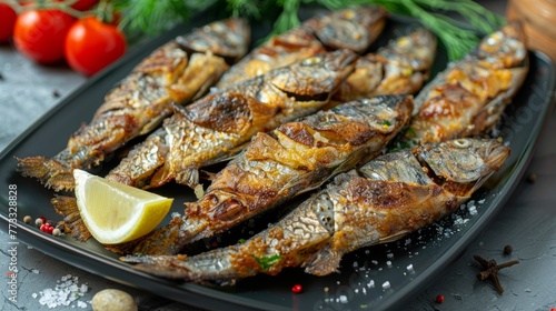 Small fried fish in Bulgarian style. The fish is deep fried, having previously been abundantly rolled in flour with spices and salt, photo as in a restaurant