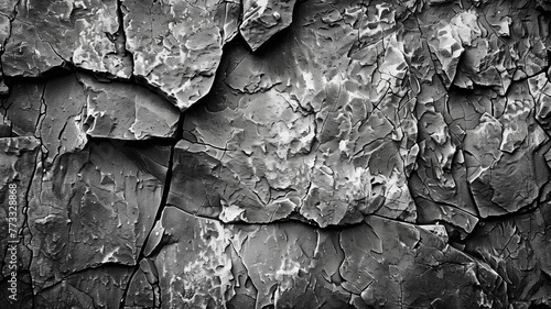Black white rock background. Dark gray stone texture. Mountain surface close-up. Distressed, сracked, collapsed, crumbled, broken.