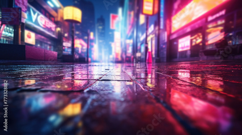 A futuristic neon city, blurred to create a mesmerizing backdrop, with beautiful bokeh lights illuminating the background.