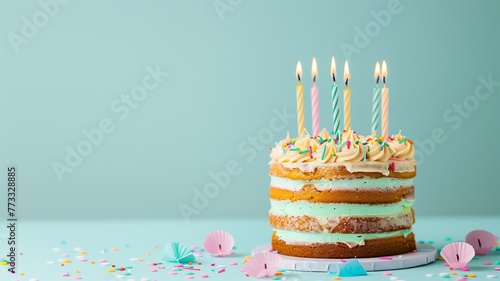 Birthday cake with 3 candles on pastel blue background with copy space