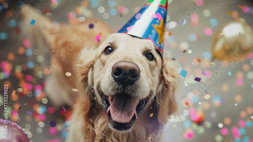 Happy dog smiling wearing hat birthday concept with flying confetti.