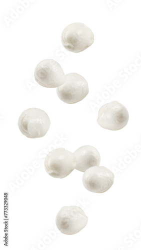 Falling Mozzarella cheese isolated on white background, full depth of field