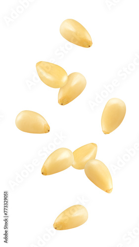 Falling Pine nuts isolated on white background, full depth of field