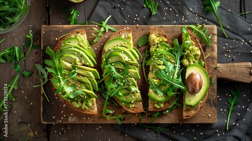 Healthy avocado toasts with avocado slices, pomegranate seeds and sprouts on dark background.