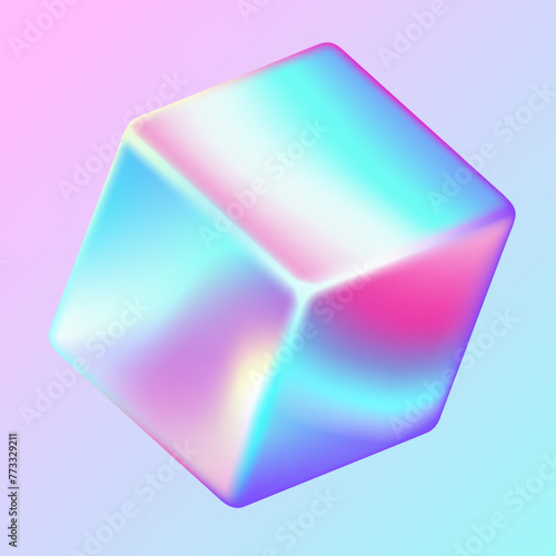 Glaring holographic cube realistic vector illustration. Iridescent cubical geometric shape trendy design. Metallic 3d object on purple background