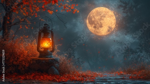  A lantern atop a rock in the heart of the forest, night's veil draped around Full moon as backdrop glows in radiance