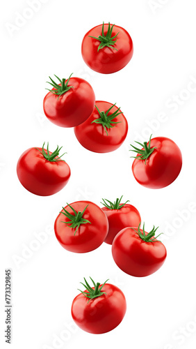 Falling Tomato isolated on white background, full depth of field