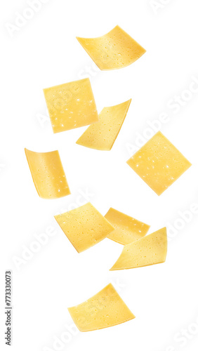 Falling cheese slices, isolated on white background, full depth of field