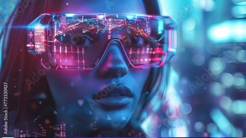 Futuristic glowing neon glasses on female face, HUD technology concept