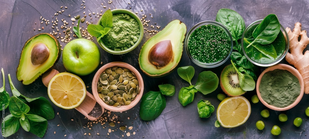 Top-down view of green fruits, vegetables, herbs, and spices on rustic wood emphasizes natural, healthy cooking. Top-down view of green fruits, vegetables, herbs, and spices on rustic wood emphasizes natural, healthy cooking.