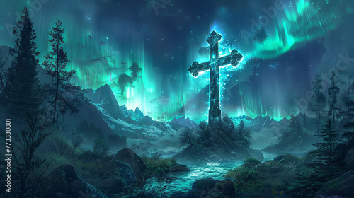 A solemn cross stands tall on a hill under the mesmerizing Northern Lights in a green-tinted mystical valley.
