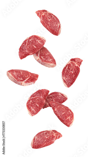 Falling, beef steak, raw meat, isolated on white background, full depth of field