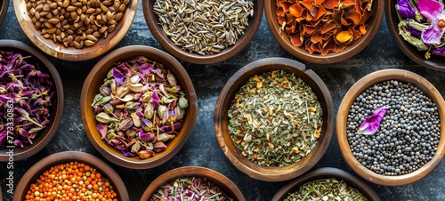 Top-down view of dried Ingredients and spices on a wooden table.