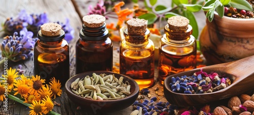 A serene image featuring essential oil bottles, dried flowers, and ingredients on a wooden surface.