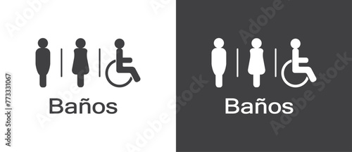 Restrooms icon in flat style. Banos icon, Man woman and disability sign and symbol, Simple of toilet icon, male and female icon vector  in black and white background.