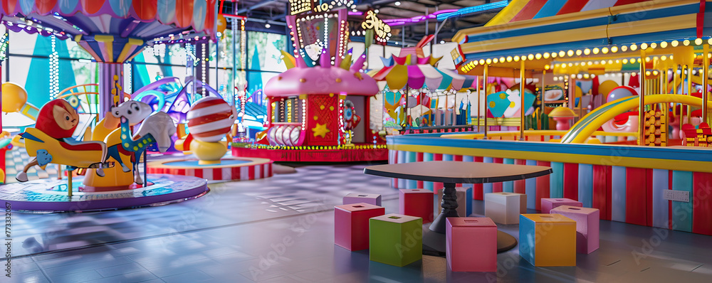 3D carnival-themed birthday with rides and games, lively and entertaining