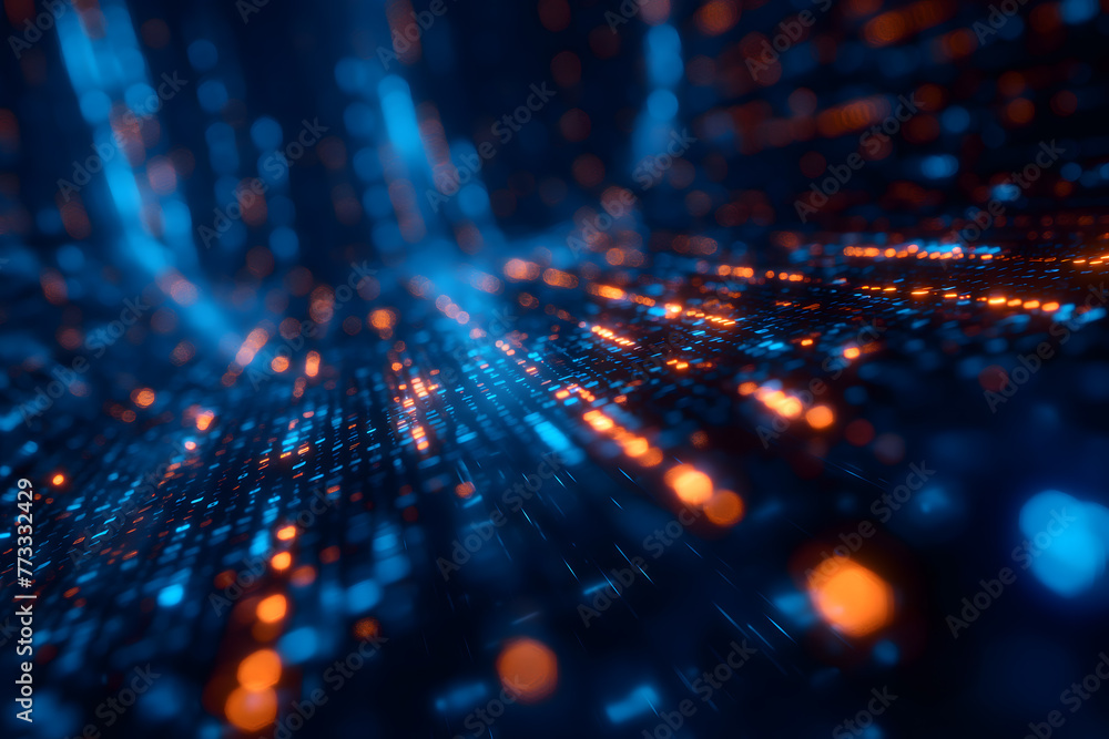 Dynamic Digital Data Stream Visualization in Blue and Orange Dynamic Digital Data Stream Visualization in Blue and Orange