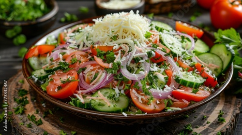 Vegetable salad "Shopsky" consists of tomatoes, cucumbers, onions, fresh bell peppers and a large amount of grated cheese, photo as in the restaurant