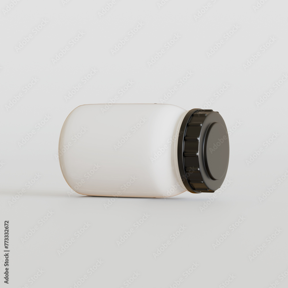 Blank white round supplements, medicine bottle with black grooved lid for beauty or healthy product. Isolated on white background with shadow. Ready to use for package design. Vector illustration. Blank white round supplements, medicine bottle with black grooved lid for beauty or healthy product. Isolated on white background with shadow. Ready to use for package design. Vector illustration.