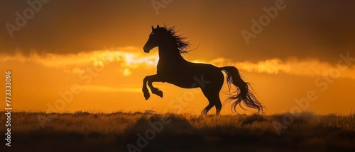 A solitary horse stands tall in a golden field  its silhouette defined by the gentle sunrise spreading across the vast horizon.