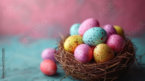   A bird's nest holds colorful eggs on a blue backdrop, speckled with pink, yellow, and green