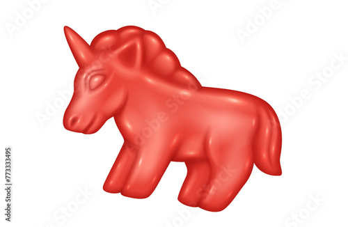 Red jelly unicorn 3d realistic vector illustration. Chewing gummy candy creative design. Gum confectionery object on white background