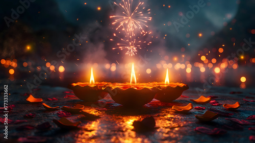 Illuminated Traditional Oil Lamp Amidst Flower Petals and Sparkling Lights , diwali festival of light
