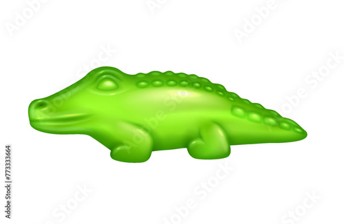 Cute gummy crocodile 3d realistic vector illustration. Reptile shaped jelly sweets creative design. Healthy snack on white background