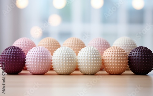 A group of colorful balls resting on a rustic wooden table