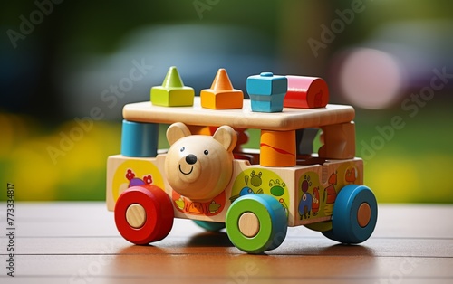 A bear sits atop a wooden toy truck, ready for an imaginative adventure through the imagination of a child