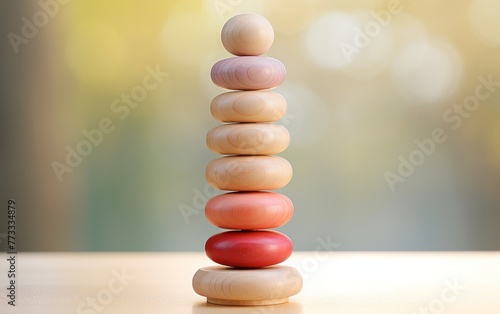 A balanced stack of rocks placed on a wooden table