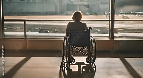 Person in a wheelchair at the airport. Accessibility for people with reduced mobility. photo