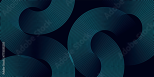 Modern dark blue abstract horizontal banner background with glowing geometric lines. Shiny blue diagonal rounded lines pattern. Futuristic concept. Suit for cover, brochure, presentation, flyer, web