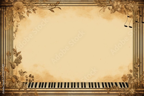 A musical theme with piano keys creating a border around the text.