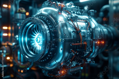 A high-tech futuristic turbine engine with fans. Jet engine with drive