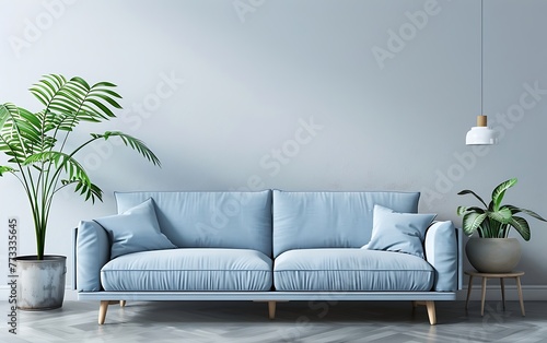 Minimalist interior design of modern living room with light blue sofa against wall mock up, in the style of +
