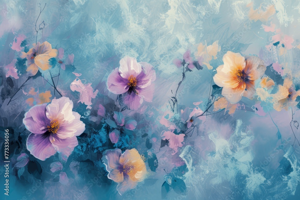  A painting of pink and yellow flowers against a blue and white backdrop; blue and yellow blooms in the foreground