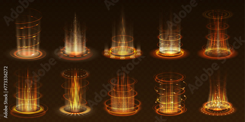 Golden level up energy flashes realistic vector illustration set. Teleportation portals power 3d elements on transparent background. Fantasy template