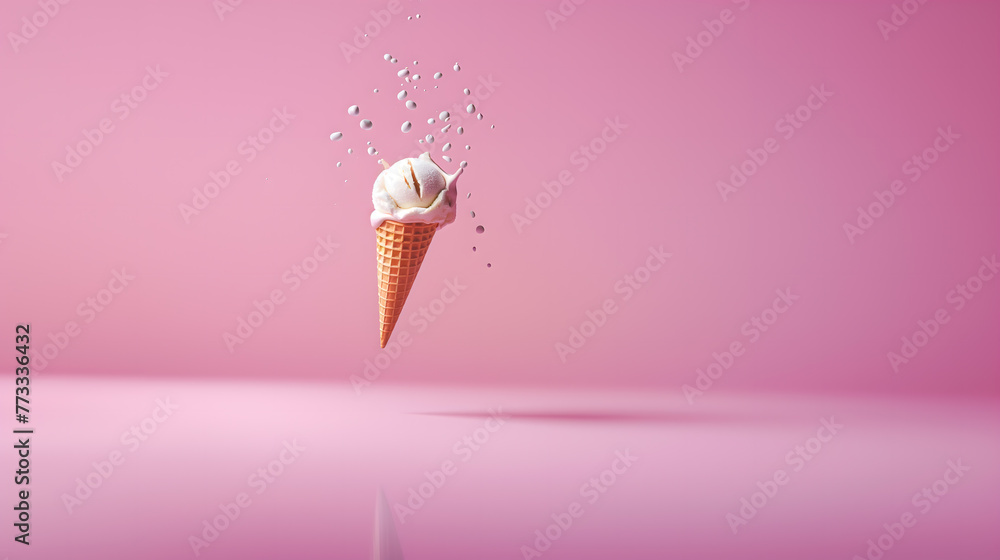 Levitating Pink Ice Cream Scoops with Cone on Pink Background Levitating Pink Ice Cream Scoops with Cone on Pink Background