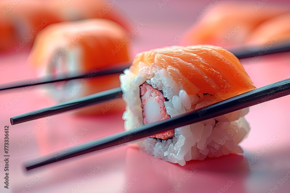 cut up sushi with two chop sticks and pink background, in the style of dark brown and azure, electric color. Generative AI cut up sushi with two chop sticks and pink background, in the style of dark brown and azure, electric color. Generative AI