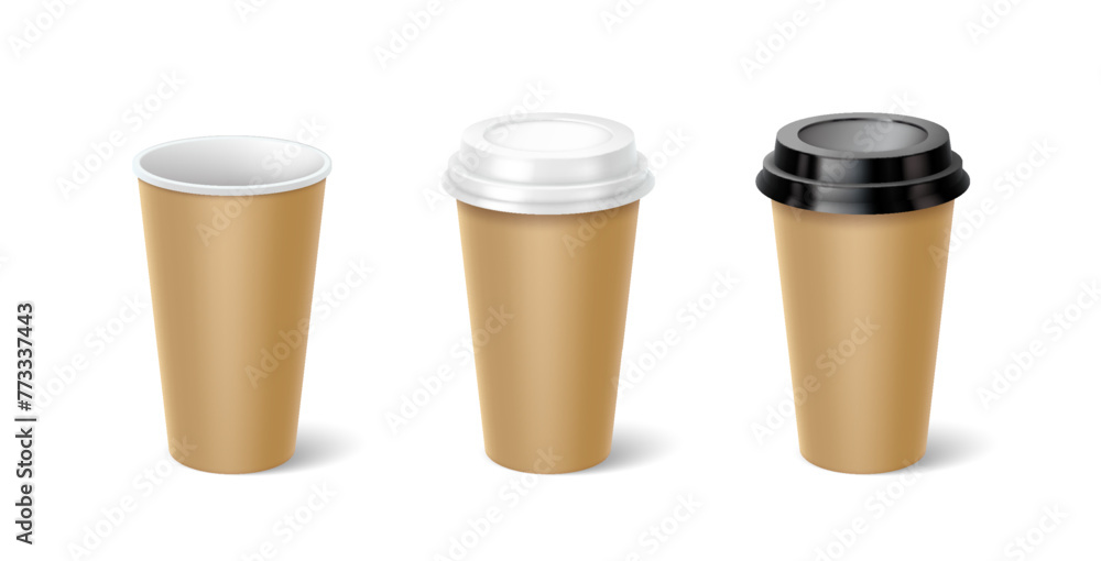 Mockup paper cups with lids 3d realistic vector illustration set. Tea and coffee mugs design template. Take away drinks on white background Mockup paper cups with lids 3d realistic vector illustration set. Tea and coffee mugs design template. Take away drinks on white background