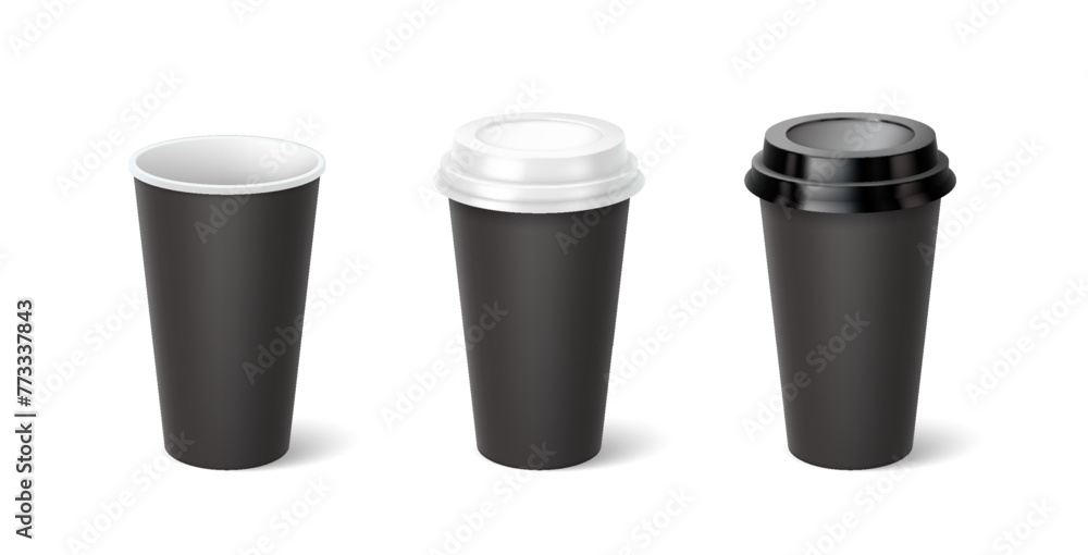 Black mockup cups 3d realistic vector illustration set. Hot drinks containers design template. Take away coffee on white background Black mockup cups 3d realistic vector illustration set. Hot drinks containers design template. Take away coffee on white background