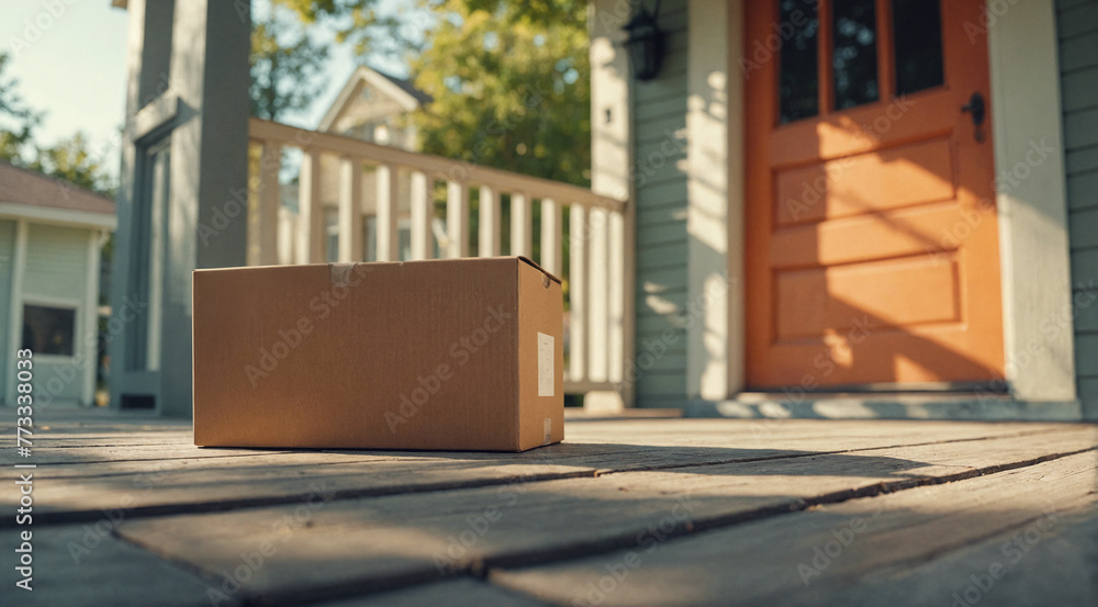 Package box delivery to home front door. Delivered cardboard parcel on porch near main entrance on summer day. Online purchase delivery service concept Package box delivery to home front door. Delivered cardboard parcel on porch near main entrance on summer day. Online purchase delivery service concept