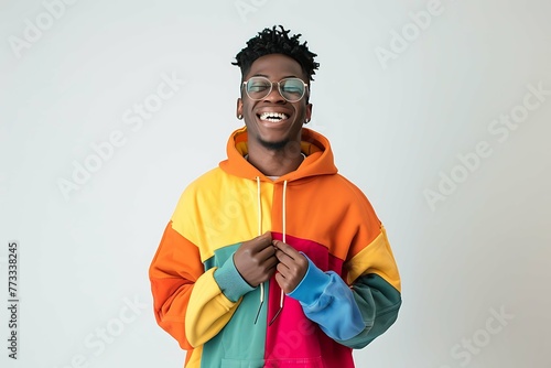 afro american man cute face expression posing in colorful hoodie on white bright background isolated, emotional, funny