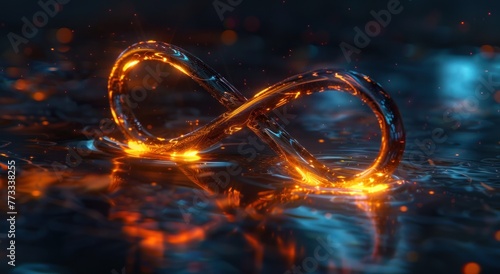 Symbole de l'infini en 3D, brillant avec des effets de lumière orange et bleue.