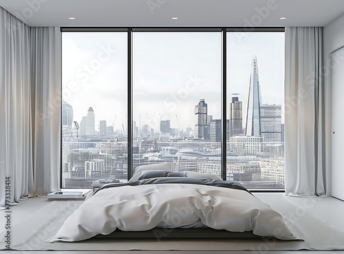 Modern bedroom with a large bed and floor-to-ceiling window overlooking the London skyline, including the baseman tower in a white background, no furniture, no human figures, in the minimalist style photo