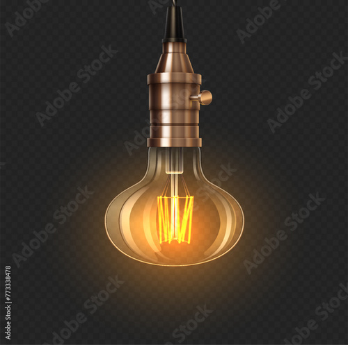 Glowing vintage lightbulb 3d realistic vector illustration. Turn on incandescent lamp design. Electric lantern on transparent background