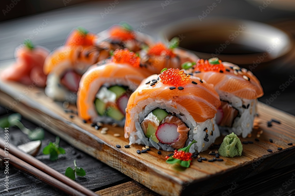 sushi platter with roll, garnish sauce, and chopsticks, handcrafted designs. generative AI sushi platter with roll, garnish sauce, and chopsticks, handcrafted designs. generative AI