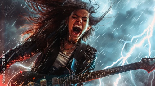 Une belle femme rockeuse, avec une guitare électrique, la bouche ouverte, chantant sous la pluie. photo