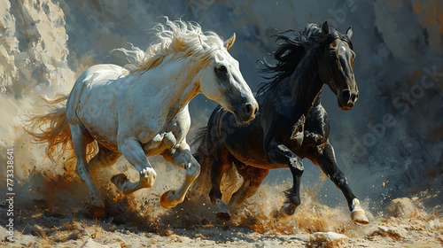 white and black horse running © Aistock